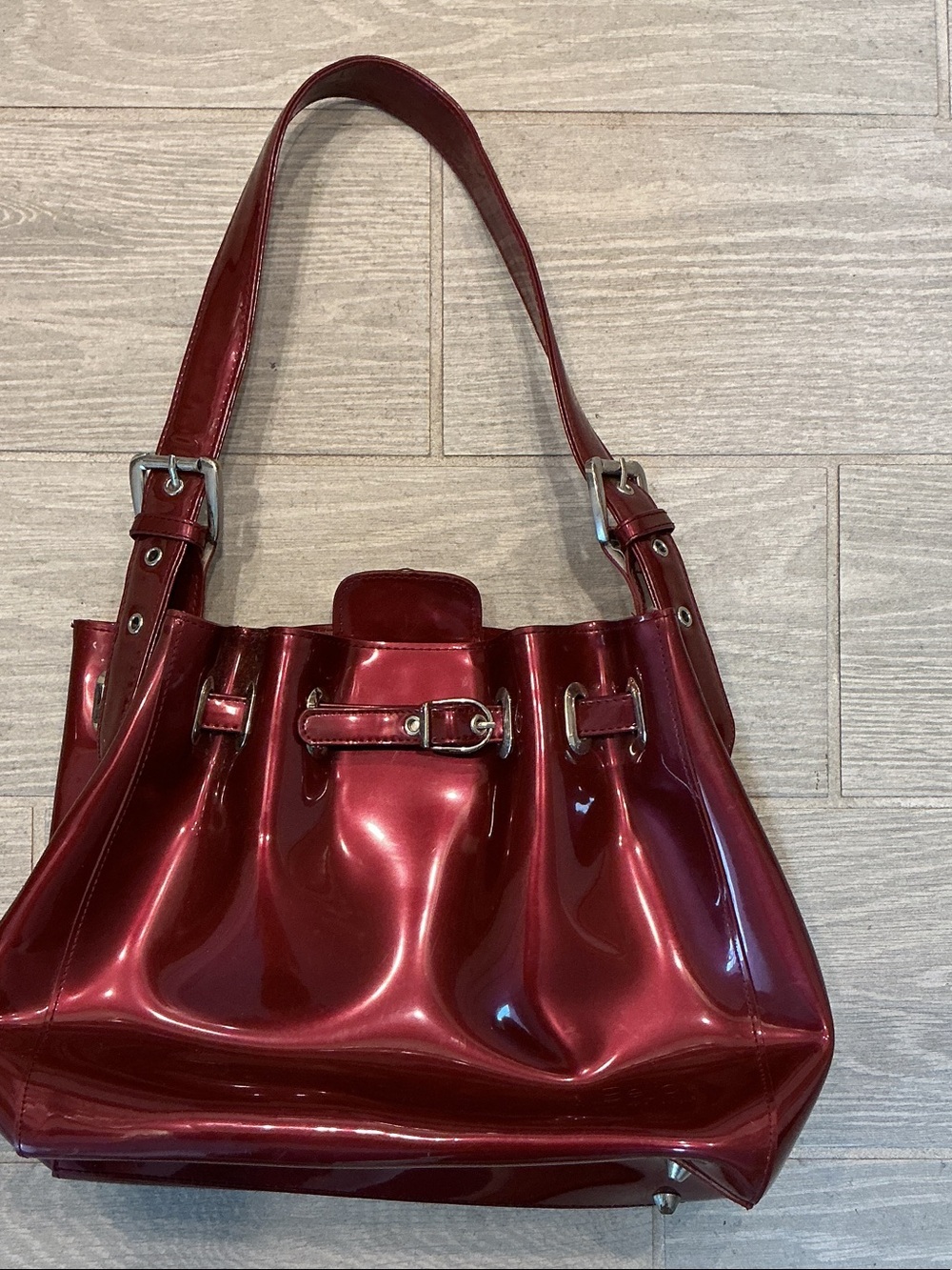 Beijo It’s a Cinch PVC Glossy Shoulder Bag in Wine Red Silver Hardware